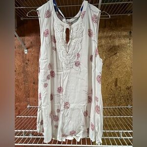 Floral Sleeveless Top with Embroidered Neckline